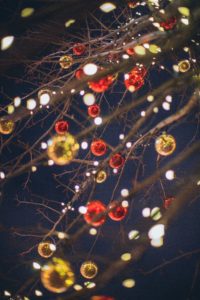 Image of holiday bulbs on tree branches